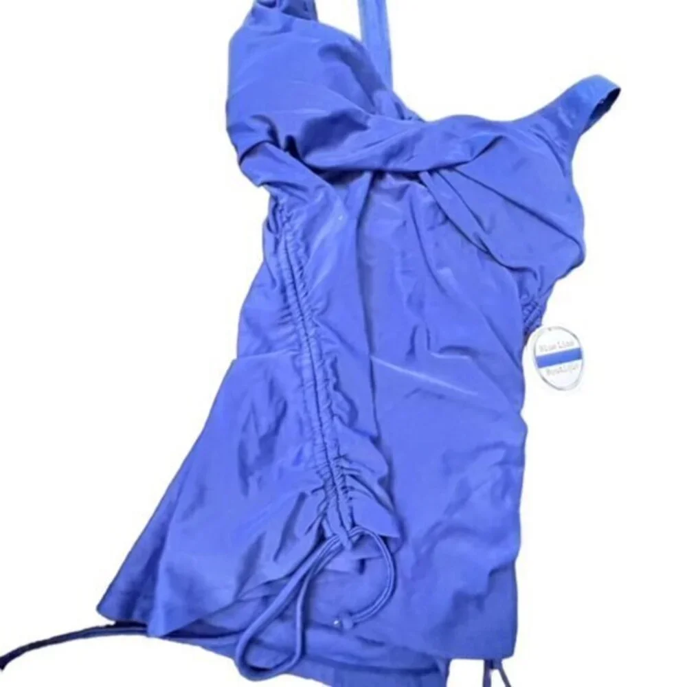 Blue Tankini Top Size Small Pool Beach Blue Line Boutique Drawstring Sides NWT‎